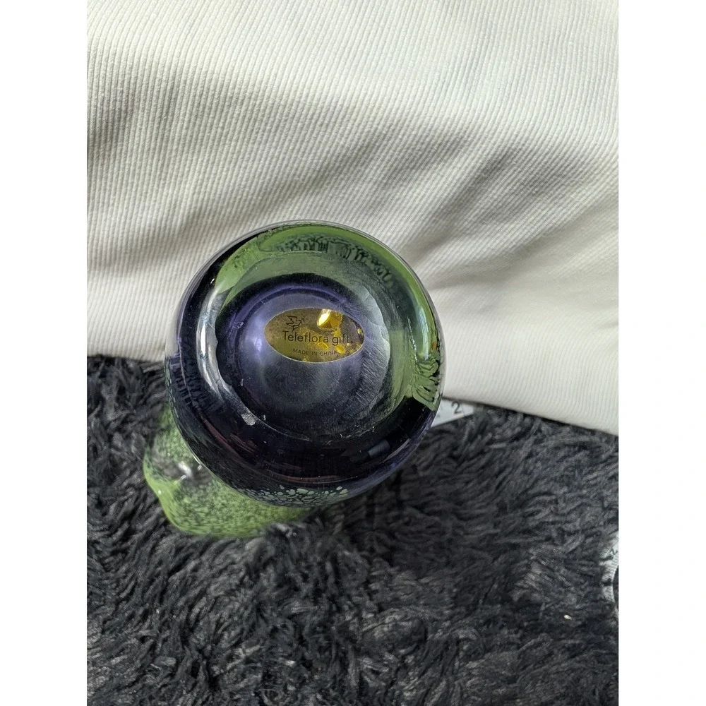 Vintage Teleflora Art Glass Vase Purple Green Speckled Flared Ruffle‎ Rim 8 Inch